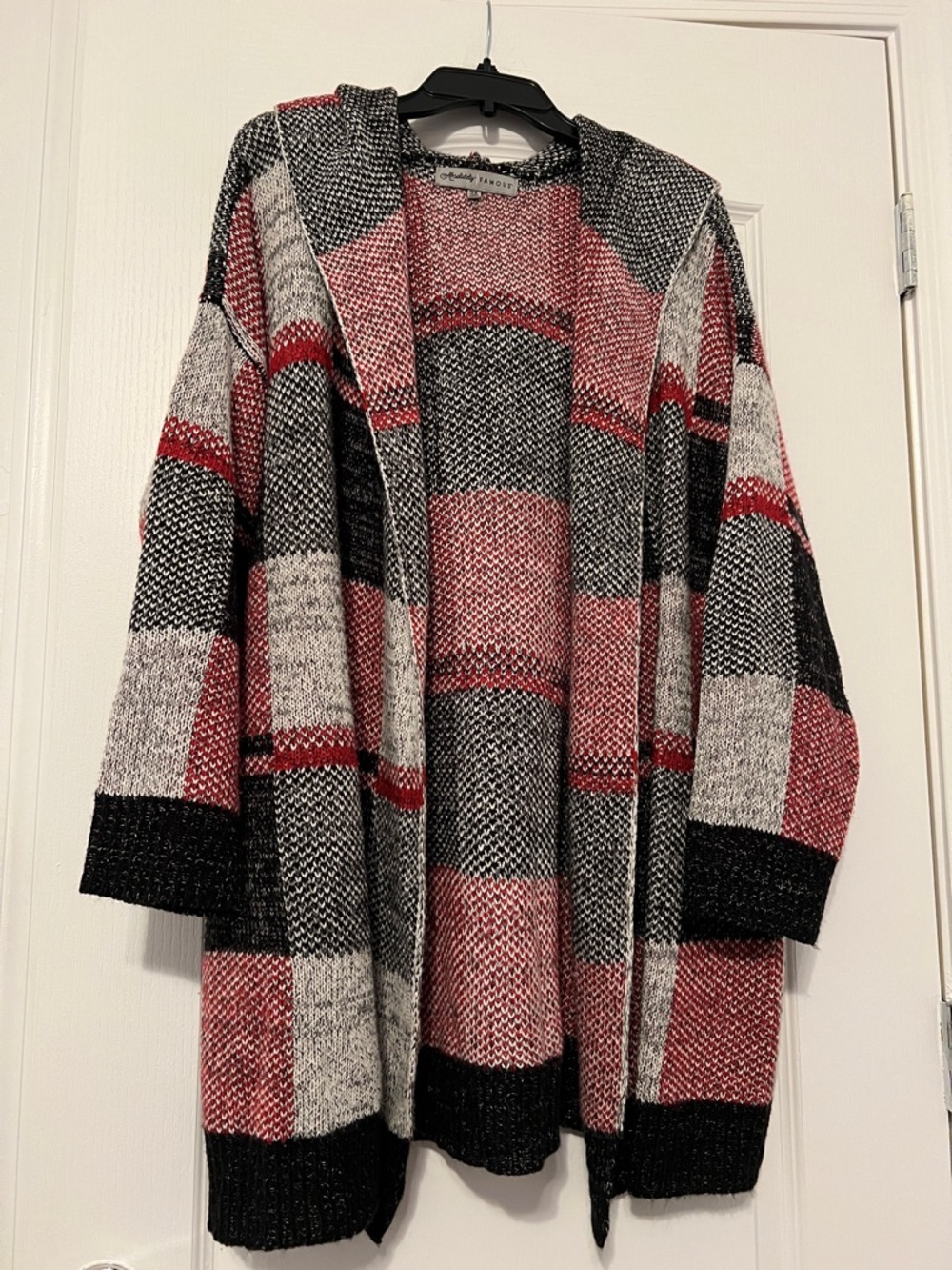 Absolutely Famous Hooded Plaid Open-Front Cardigan - Red, Black, Gray